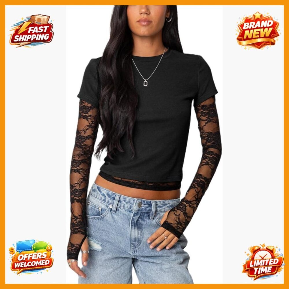 Sheer Lace Sleeve Crop Top Slim Fit Crewneck Y2K Layered Tee